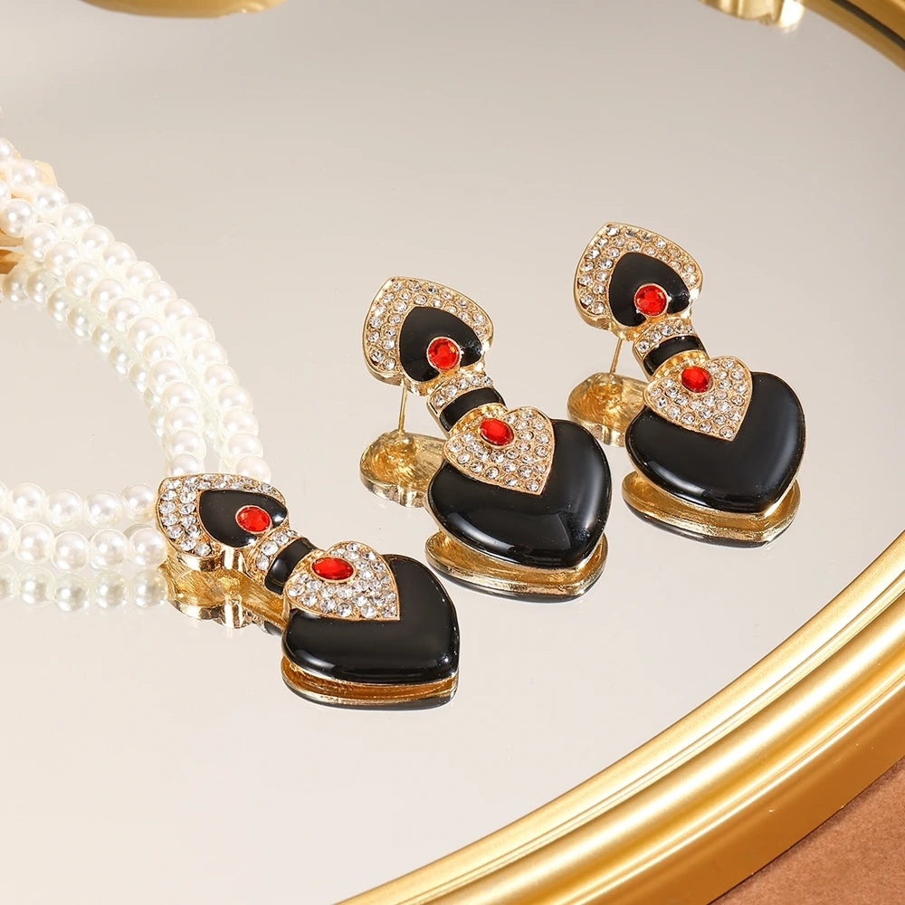 Bride Wedding Jewelry Set Elegant Enamel Rhinestone Love Imitation Pearl Beaded Necklace and Earrings Women's Party Accessories