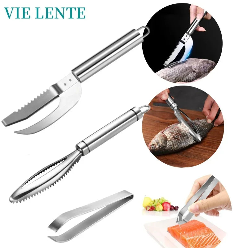 Kitchen Accessories Stainles Fish Scales Scraping Graters Fast Remove Fish Cleaning Peeler Scraper Fish Bone Tweezers Tool Gadge