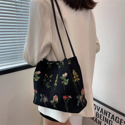 Street Trend Embroidered Totes Bags for Women Large Capacity Canvas Handbag Shoulder Bag Female Commuting Bucket Bag