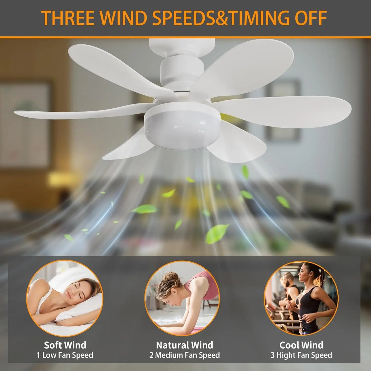 Home E27 Base Ceiling Fan Light with 30W LED Night Lights 3 Adjustable Lighting Modes Remote Control High Wind Power Ceiling Fan