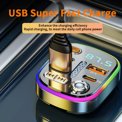 Bluetooth 5.0 FM Transmitter Car Charger Dual PD Type-C Dual USB Ambient Player MP3 Charger Type-C Wireless Light Handsfree