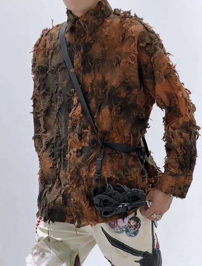 PFHQ Tie Dye Patchwork Shirts Men's Turn-down Collar Long Sleeve Tops Personalized Single Breasted Tassel Male Clothing 21Z9142