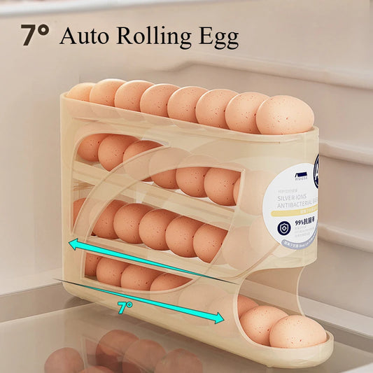 Large Capacity 30 Eggs Holder for Fridge Auto Rolling Egg Organizer, Space-Saving, 4 Tiers Fridge Egg Rack Eggs Dispenser