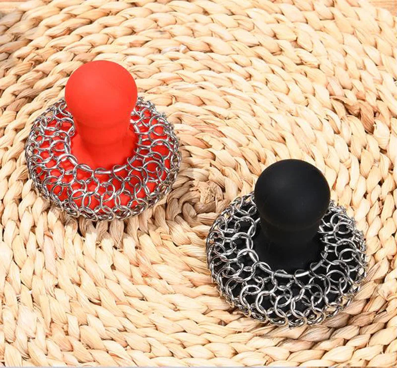 Chainmail Scrubber with Silicone Handle Cast Iron Cleaner for Cast Iron Grill Pan Skillet Wok Bakeware Cast Iron Scrubber