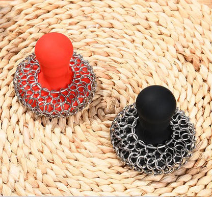 Chainmail Scrubber with Silicone Handle Cast Iron Cleaner for Cast Iron Grill Pan Skillet Wok Bakeware Cast Iron Scrubber