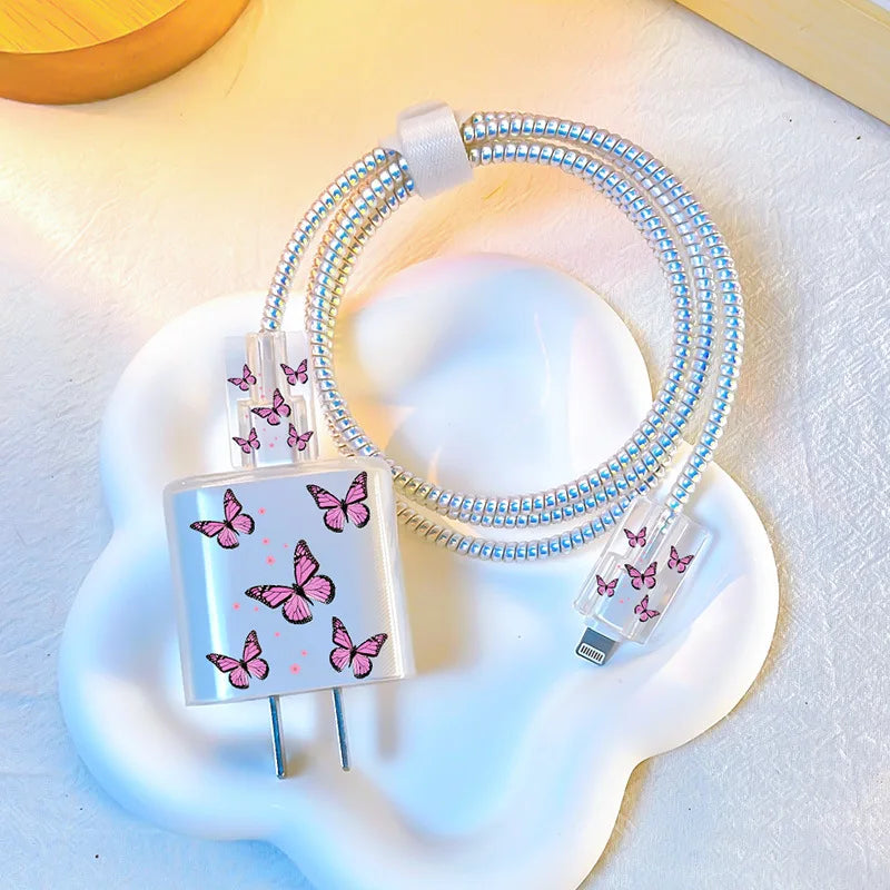 Cute Smile Case For Apple iphone 18W 20W US Charging Head Protective Sleeve Fast Charging Shell Soft Wire Cable Cord Organizers