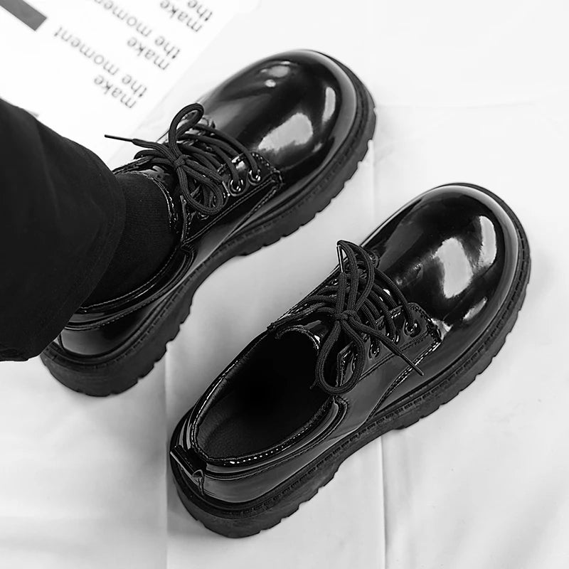 STRONGSHEN Men Patent  Leather Shoes Round Toe Casual Platform Business Shoes Fashion Wedding Banquet Party Formal Dress Shoes