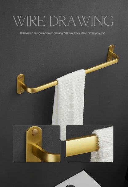 Bathroom Accessories Brushed Gold Space Aluminum Towel Rack Shelf European Hardware Pendant Set Storage Bar Paper Holders