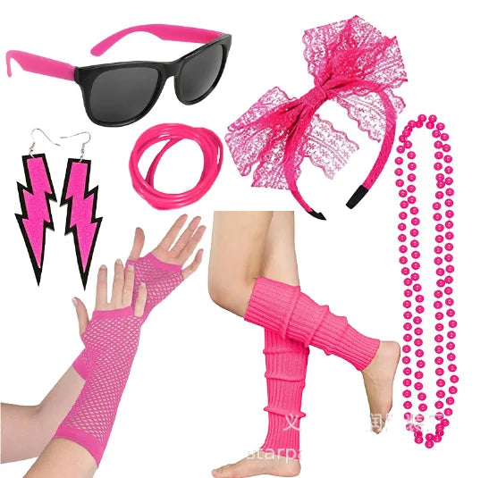 80s Fancy Dress Accessories Women Party Costume Set Adult Tutu Skirt Neon Fishnet Gloves Beaded Necklace Bracelet Earrings