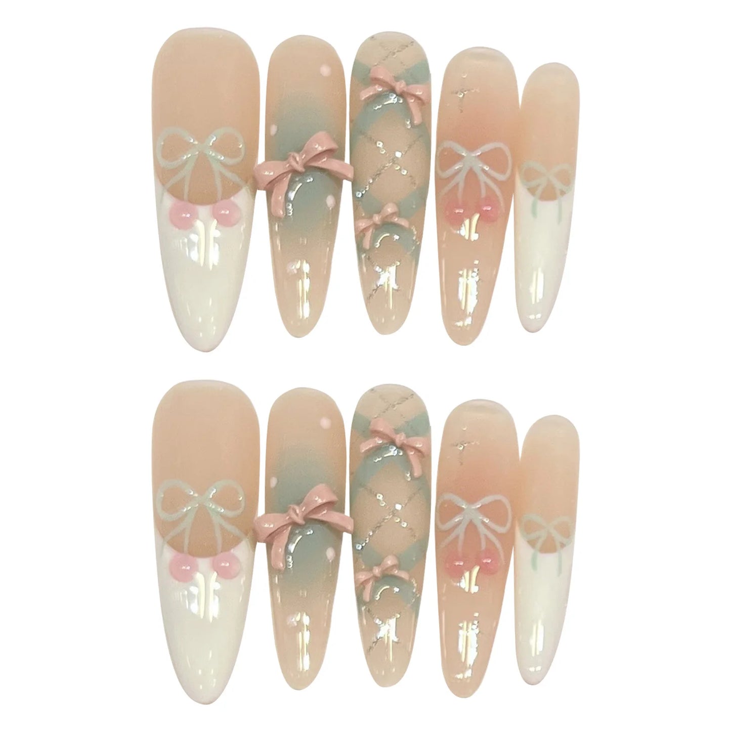 Gentle Nude Handmade Press On Nails With 3D Bowknot Decor Reusable Adhesive False Nails 10pcs Short Long Almond Shape Fake Nails