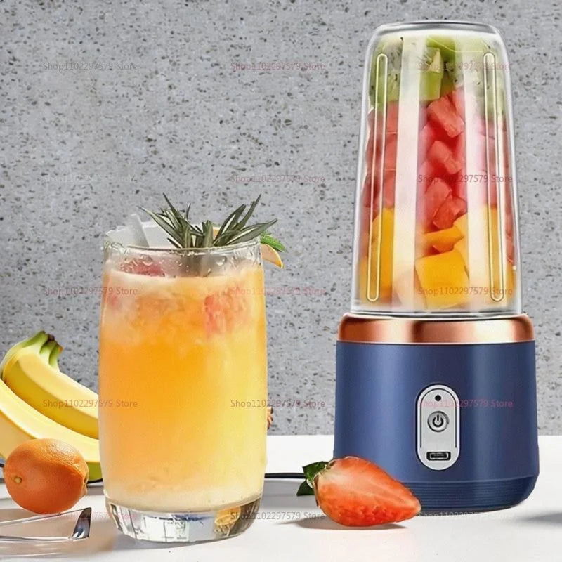 Double Cup Portable Fruit Juice Blender 6 Blades USB Rechargeable Wireless Juicer Machine 400ml Personal Juice Extractor