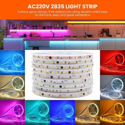 5m 10m 20m 50m LED Strip Light AC 220V 230V 240V IP55 2835 120 LEDs Flexible Ribbon Rope Lights Tape 9 Colors Home Decoration