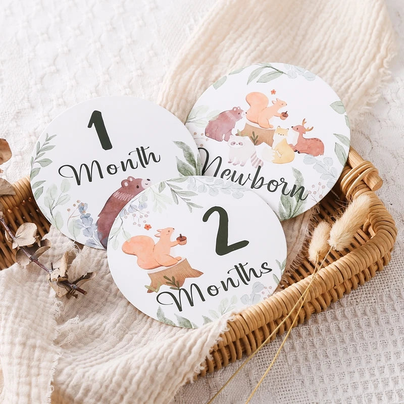 Newborn Baby Growth Milestones 0-12 Months Paper Card Photo Accessory Cartoon Animal Pictures Souvenir Props Baby's Birth Gift