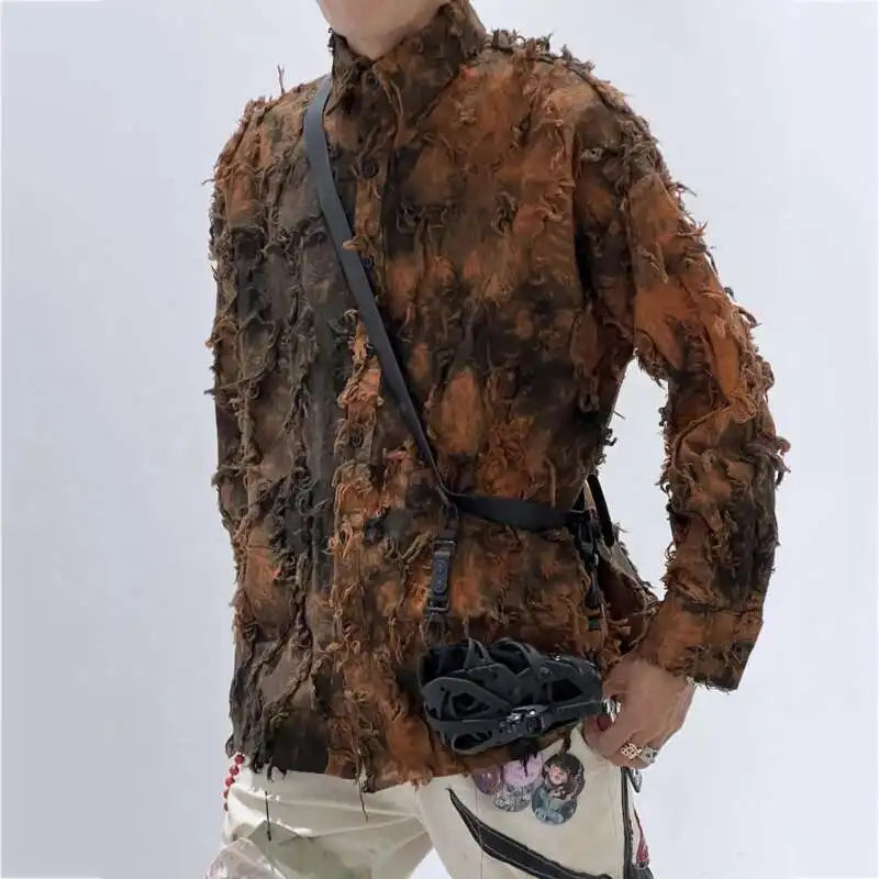 PFHQ Tie Dye Patchwork Shirts Men's Turn-down Collar Long Sleeve Tops Personalized Single Breasted Tassel Male Clothing 21Z9142
