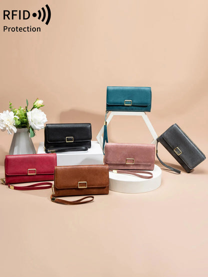 RFID Blocking Women's Wallet Large Capacity Credit Card Holder Clutch Bag Trifold Large Capacity Zipper Long Wallet Coin Purse