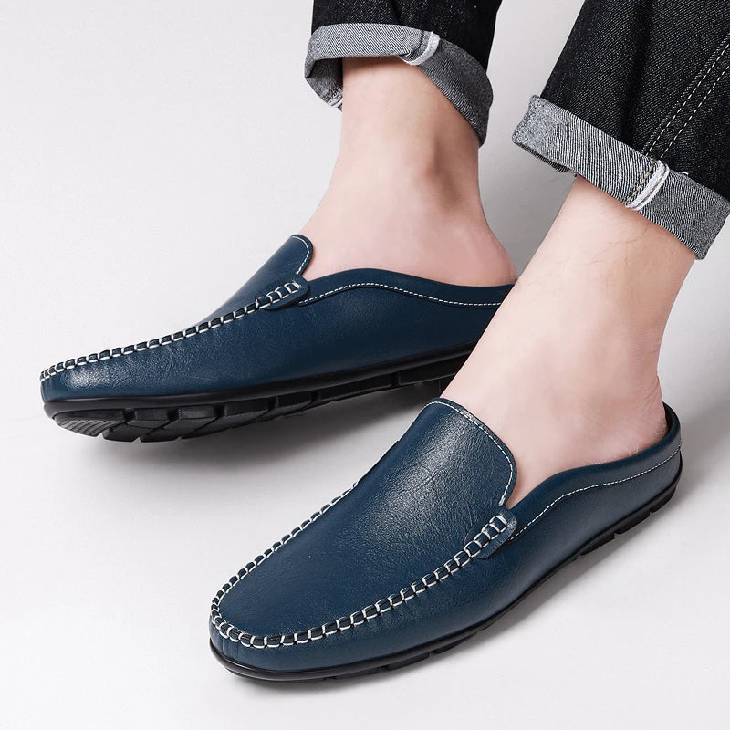 Closed Toe Half Shoes for Men Black Blue Mules Slippers Slip on Genuine Cowhide Leather Luxury Flat Sandals Man Summer 2025