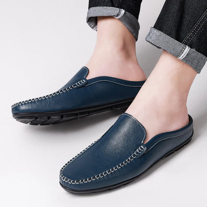 Closed Toe Half Shoes for Men Black Blue Mules Slippers Slip on Genuine Cowhide Leather Luxury Flat Sandals Man Summer 2025