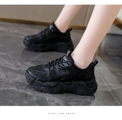 Black Daddy Thick Sole Sneakers Casual Vulcanized Shoes Women High Platform Sneakers Lace Up White Sneakers Women