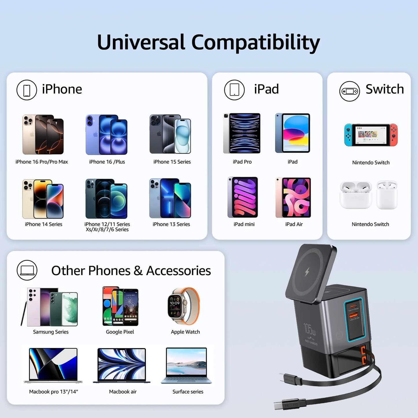 6-in-1 Charging Station with Retractable USB-C Cable Power Combo Tower 105W for Multiple Devices Fast Charger for iPhone Airpod