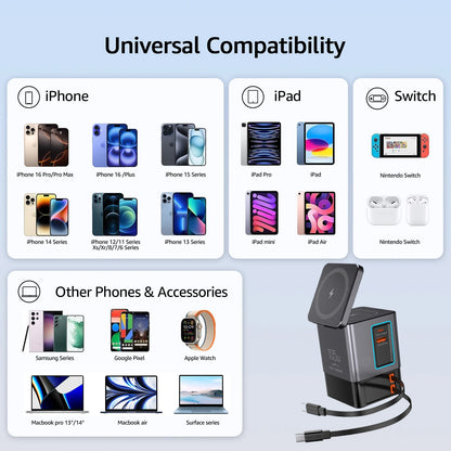 6-in-1 Charging Station with Retractable USB-C Cable Power Combo Tower 105W for Multiple Devices Fast Charger for iPhone Airpod