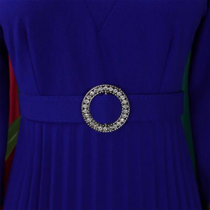 Office Dresses for Women V Neck Full Sleeve Belt Waisted Pleated Mid Calf Elegant Female Business Work Wear Dress Midi Cloth New