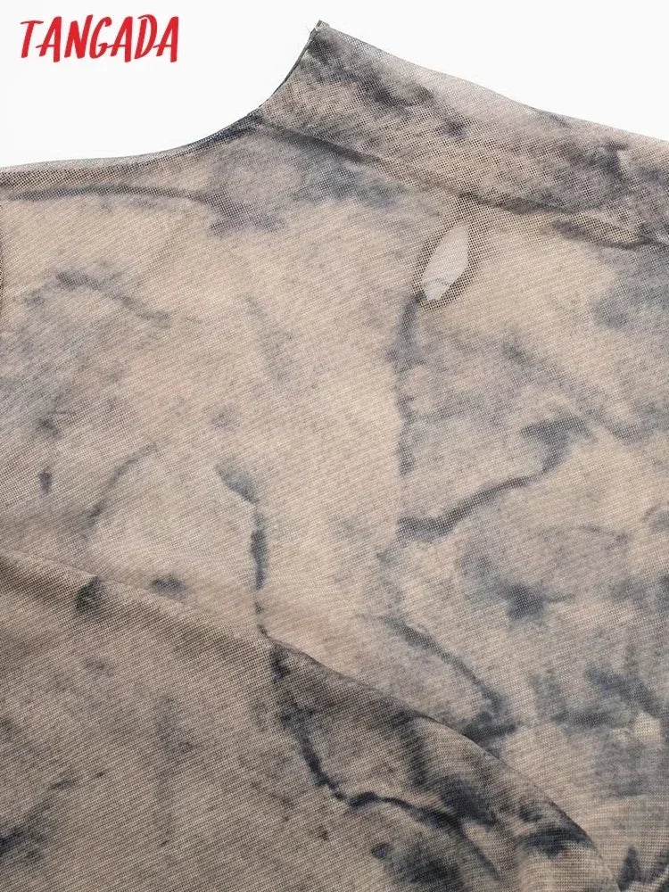 Tangada 2024 Women Print Pleated Mesh Dress Long Sleeve Sexy Famle Stand Collar Maxi Dresses 3H406