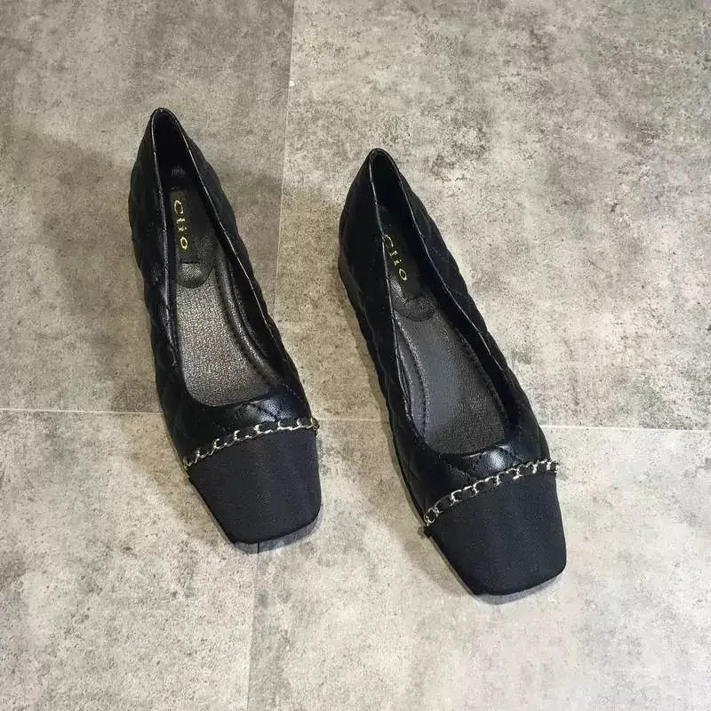 Office Woman Footwear Beige Fashion Leather Casual Shoes For Women Block Heel Square Toe Low Elegant Popular Vacation Spring Y2k