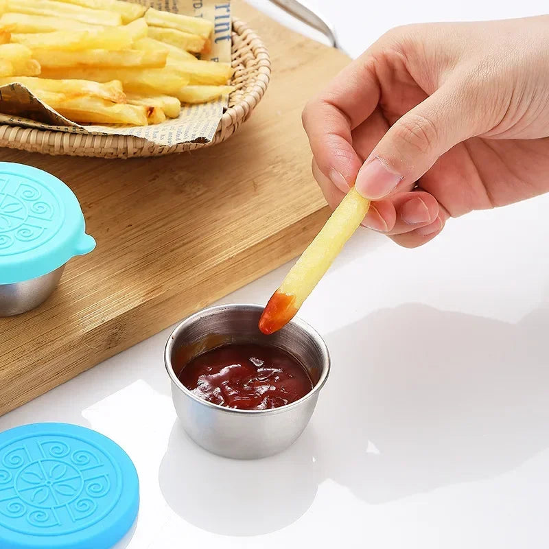 6 Pcs Set Leakproof Stainless Steel Dipping Sauce Cups Food Containers Reusable Salad Dressing Container Silicone Stretch Lids