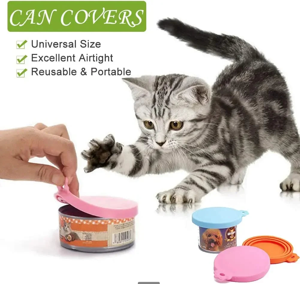 2sets Random Color Silicone Pet Can Lid Reusable Food Storage Keep Fresh Tin Cover Cats Dogs Food Health Supplies Lid and spoon