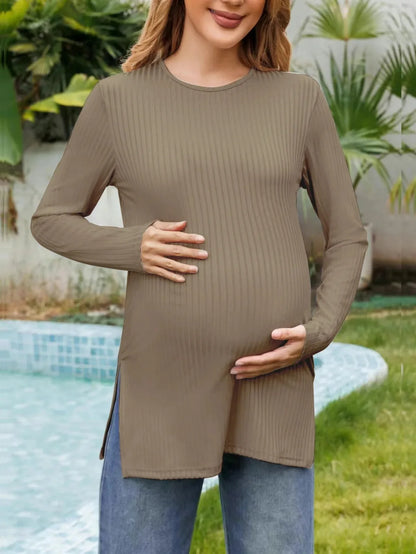 Spring New Maternity Clothes Round Neck Solid Color Slit Long Sleeve Base T-shirt Tops For Pregnant Women Maternity Wear