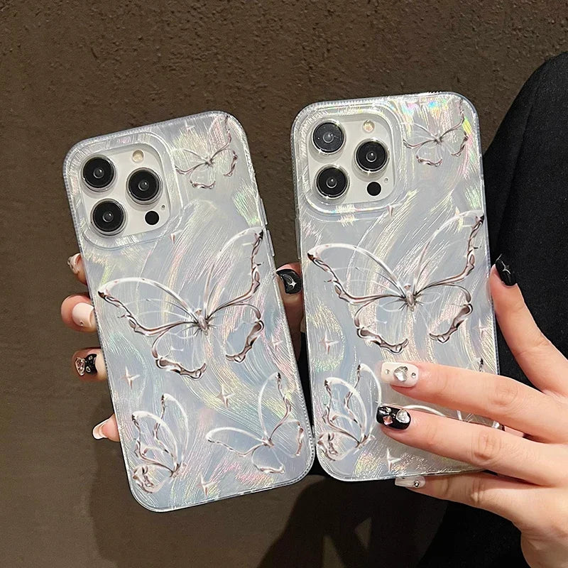 Luxury Laser Silver Butterfly Phone Case for iPhone 15 Pro Max 14 13 12 11 XS XR X 7 8 Plus SE 2020 2022 SE2 SE3 Silicone Cover