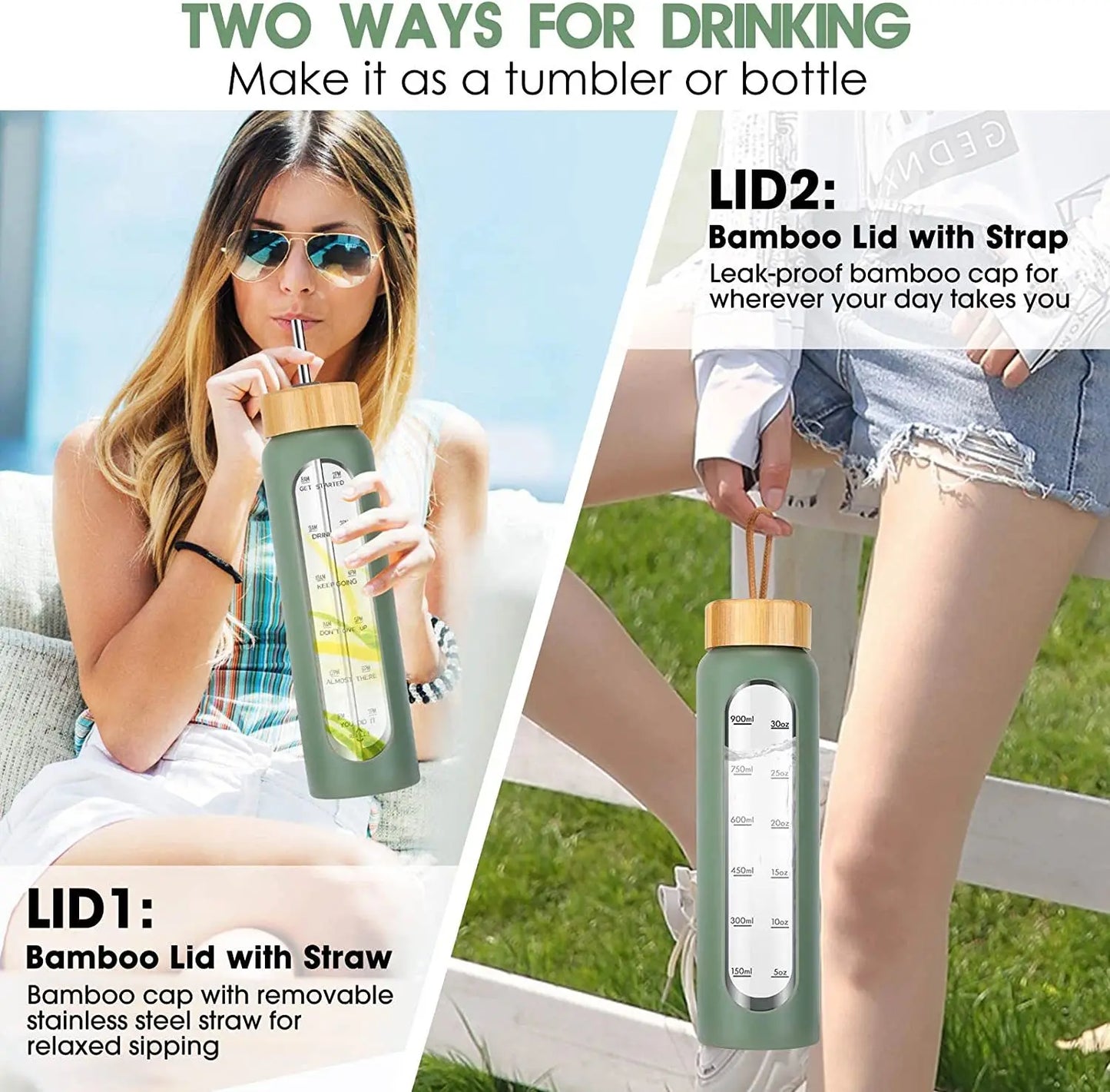 1000ML Glass Water Bottles With Straw, Glass Bottle With Silicone Sleeve And Time Marker, For Gym Home Office