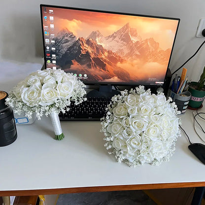 Bridal Bouquet Wedding Flowers Bridesmaids Silk Roses Fake Babys Breath Bride Wedding Accessories Table Centerpiece Decoration