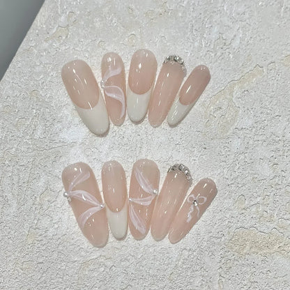 10Pcs Almond Pink Handmade Nails Set Press on Nails Long Ballet Fake Nail Simple Wearable Full Cover Nail Tips Press on Nails