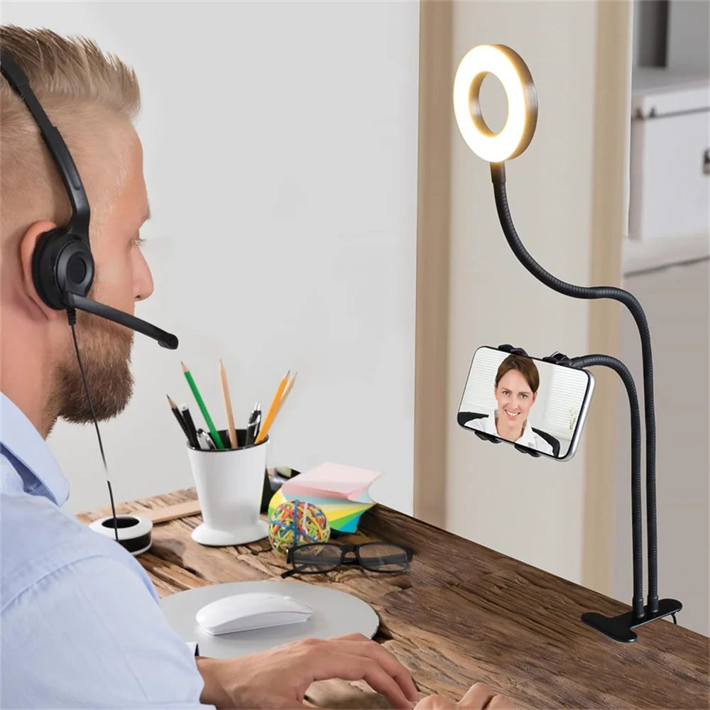 Selfie Ring Light with Phone Holder Clip-On Selfie Light Adjustable Flexible Gooseneck 2-in-1 Desk Ring Lamp for Live Streaming