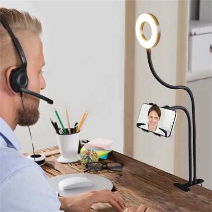 Selfie Ring Light with Phone Holder Clip-On Selfie Light Adjustable Flexible Gooseneck 2-in-1 Desk Ring Lamp for Live Streaming