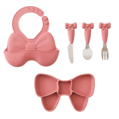 5Pc-Set Baby Cute Silicone Dining Plate Spoon Set for Baby Feeding Bow Bibs Straws Pad Fork Spoon Maternal Infant Supplies Gifts
