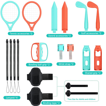 18 in 1 Sports Accessories Bundle for NS Switch 2, Golf Clubs Tennis Rackets Swords Grips Straps Kit for Joy-Con