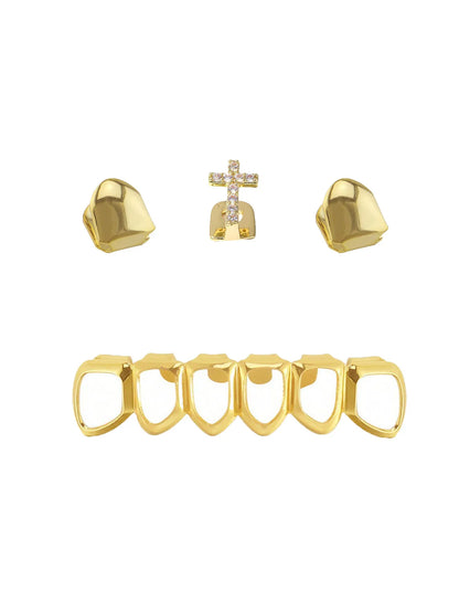 A Group Fashionable Teeth Decoration: Double Smooth Single Teeth With Zircon Crosses And Six Perforated Lower Teeth Made Of
