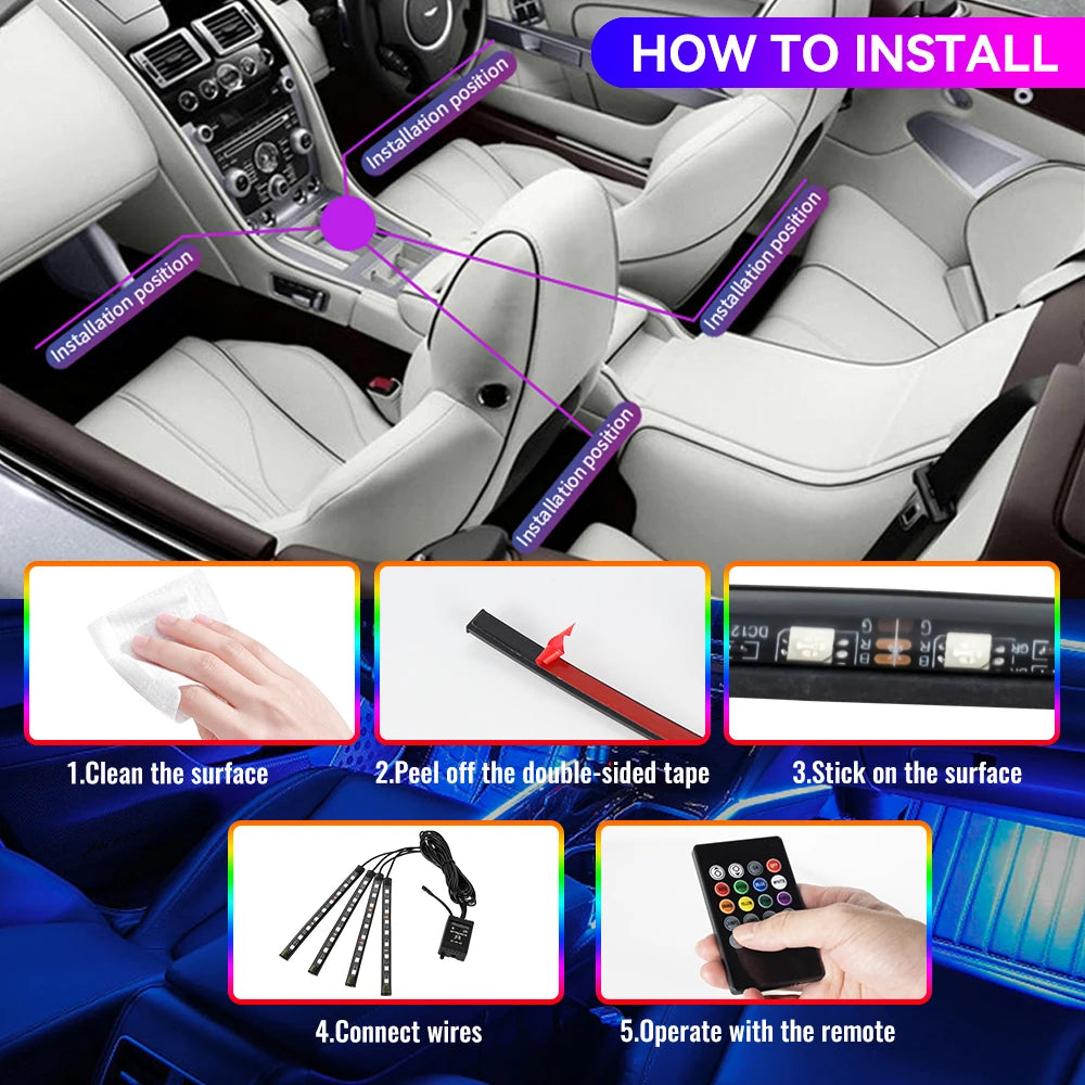 LED Car Interior Decorative Lamp Strips Atmosphere Lamp Cold Light Decorative Dashboard Console Auto RGB Ambient Decorative Lamp