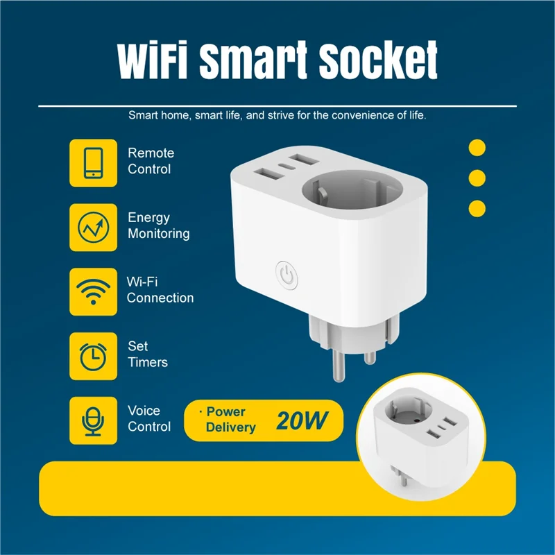 ABUO-Tuya Smart Plug Voice Control Wi-Fi Sockettimer Remote Control Energy Monitor EU Plug