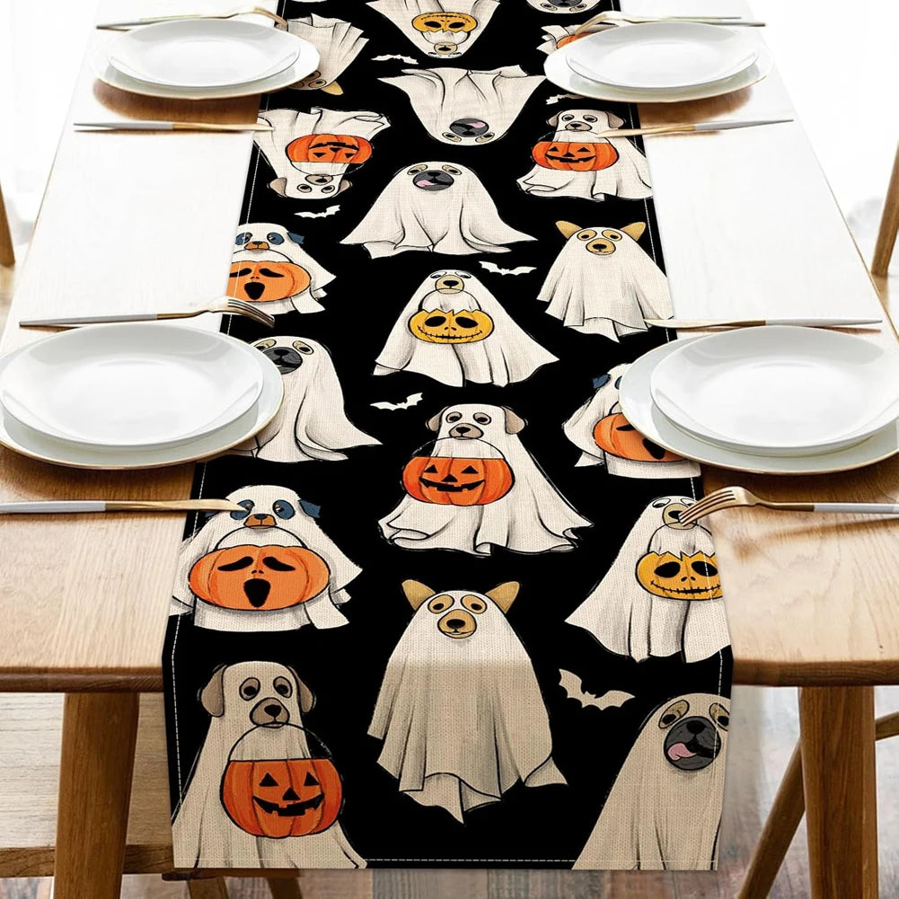 Ghost Dog Table Runner Halloween Lantern Pumpkin Bat Kitchen Dining Table Decoration Kitchen Dining Table Decor Washable