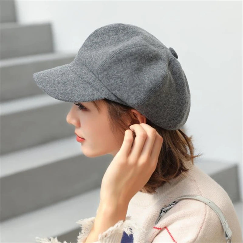 Women's Hat Autumn Warm Octagonal Hat Woolen Cloth Casual Beret Cap Solid Artist Painter Newsboy Hat Men Cap Boina