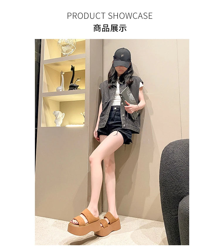 Summer 2023 Chunky Sandals Women's Thick Bottom Wedge Heels Slides 8CM High Heels Platform Leather Casual Beach Flip Flops Woman
