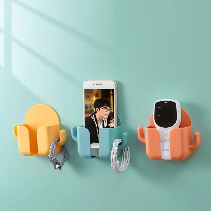 1pc Adhesive Wall Mount Phone Holder With Hooks, Storage Box ForMobile Phone Remote Control, Storage Box For Bedroom, Kitchen,Ba