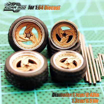 Kicarmod 1/64 Model Car ABS Wheels with Rubber Tire Metal Rims Front Small Rear Large Refitting Parts For Model Car Hot Wheels