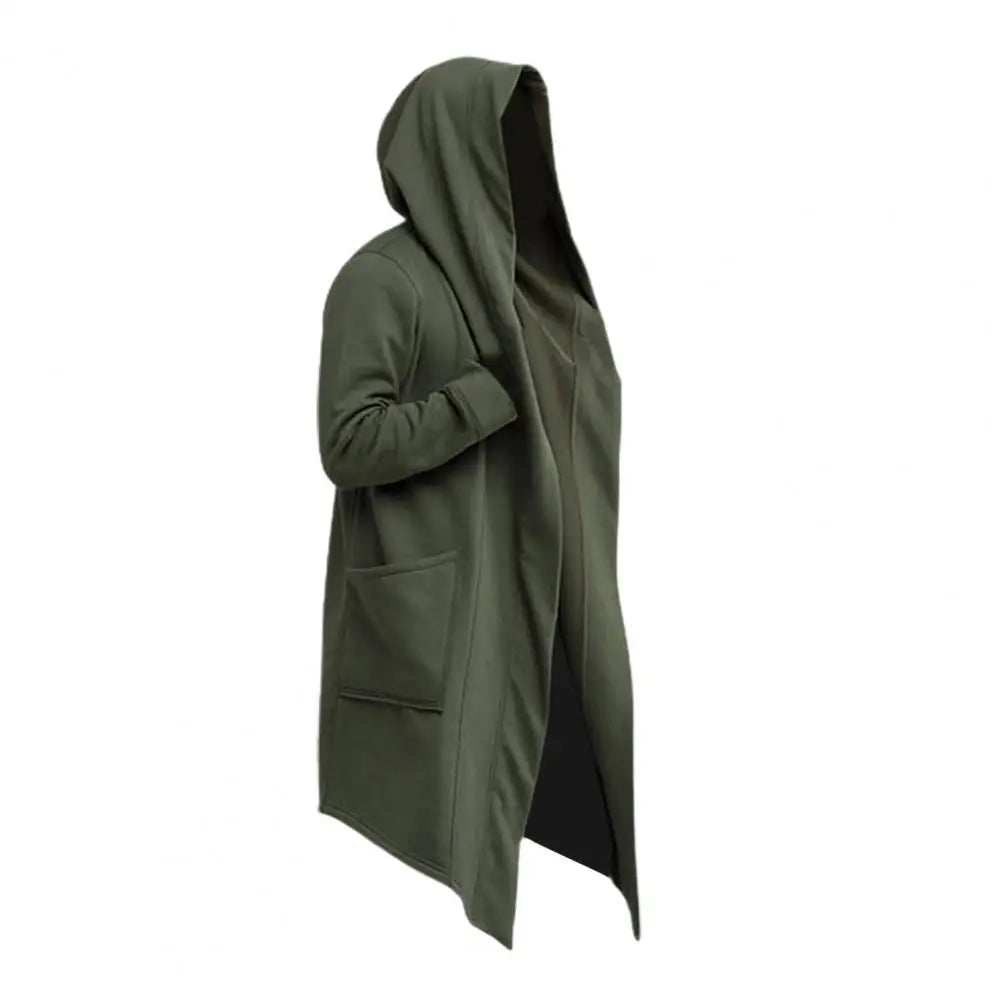 Oversize Men Coat Long Turn-down Collar Big Hat Cardigan Trench Coat Hooded Oblique Hem Big Pockets Men Windbreaker Outwear