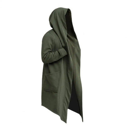 Oversize Men Coat Long Turn-down Collar Big Hat Cardigan Trench Coat Hooded Oblique Hem Big Pockets Men Windbreaker Outwear