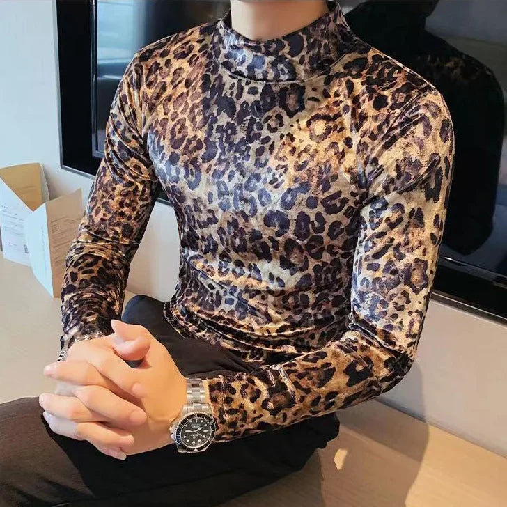 Mens T-shirt Long Sleeve Leopard Print Stretch Skinny Gym Shirt High Neck Base Shirt for Men