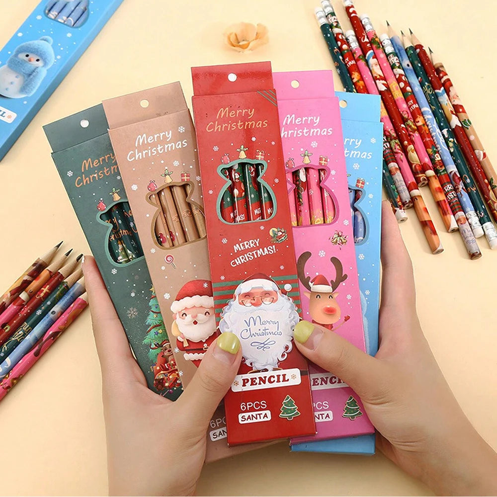 Christmas gift cartoon cute 6 HB pencil set with eraser box office cultural and educational supplies